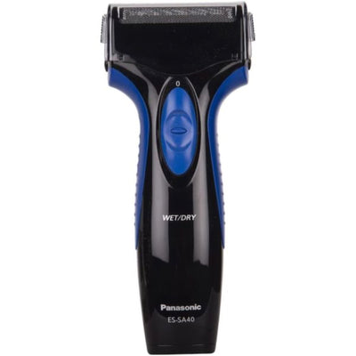 Black and blue Panasonic electric shaver on a white background